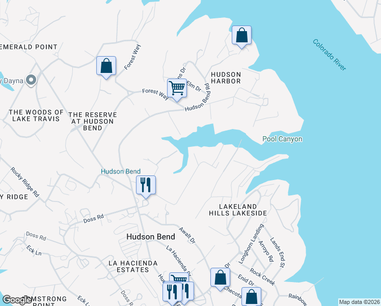 map of restaurants, bars, coffee shops, grocery stores, and more near 16020 Pool Canyon Road in Austin