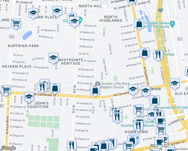 map of restaurants, bars, coffee shops, grocery stores, and more near 800 West Gonzalez Street in Pensacola