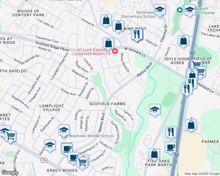 map of restaurants, bars, coffee shops, grocery stores, and more near 1720 Chasewood Drive in Austin