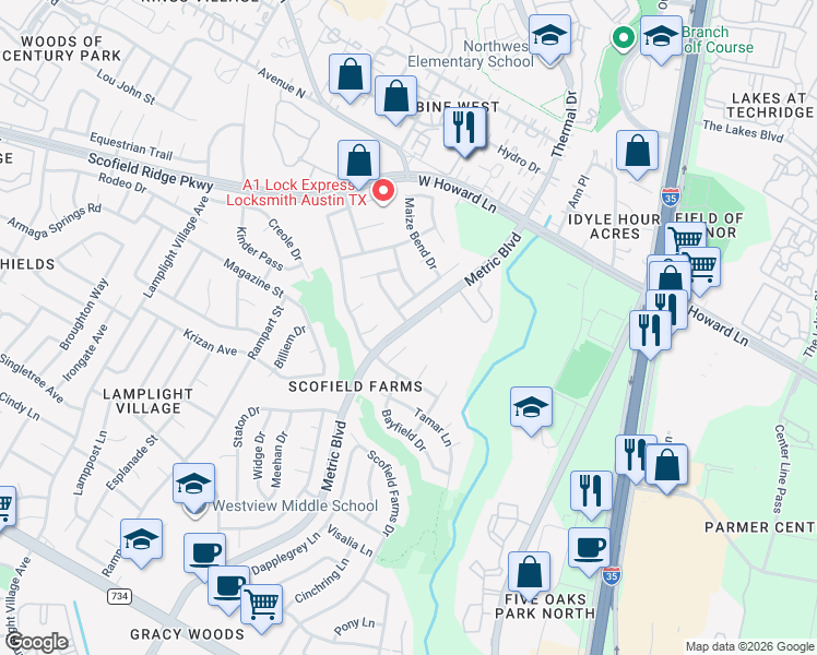 map of restaurants, bars, coffee shops, grocery stores, and more near 13447 Metric Boulevard in Austin