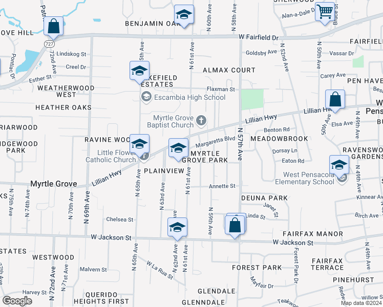 map of restaurants, bars, coffee shops, grocery stores, and more near 1016 North 61st Avenue in Pensacola