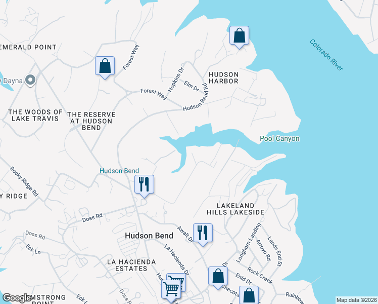 map of restaurants, bars, coffee shops, grocery stores, and more near 16020 Pool Canyon Road in Austin