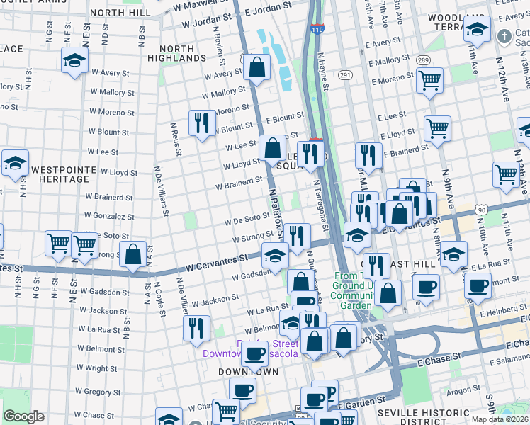 map of restaurants, bars, coffee shops, grocery stores, and more near 920 North Baylen Street in Pensacola