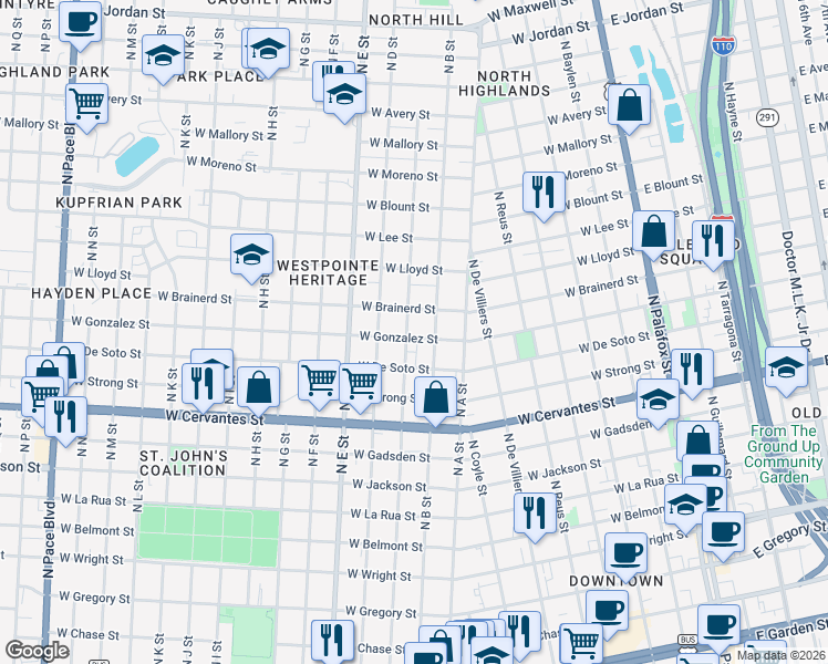 map of restaurants, bars, coffee shops, grocery stores, and more near 1019 North C Street in Pensacola