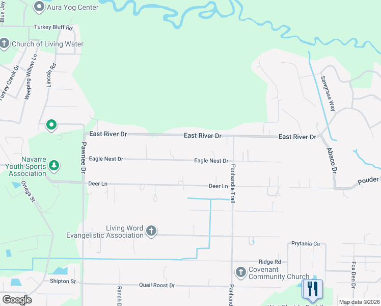 map of restaurants, bars, coffee shops, grocery stores, and more near 9116 Eagle Nest Drive in Navarre