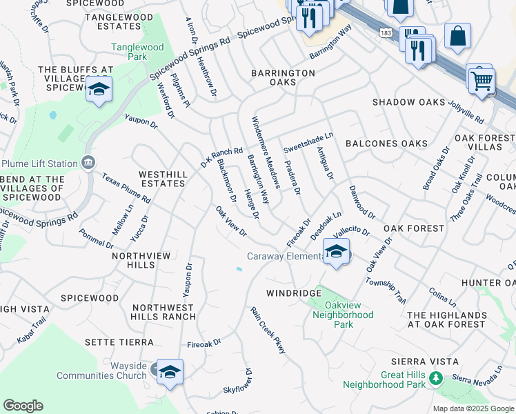 map of restaurants, bars, coffee shops, grocery stores, and more near 11201 Henge Drive in Austin