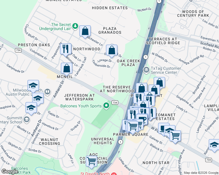 map of restaurants, bars, coffee shops, grocery stores, and more near 12510 Palfrey Drive in Austin