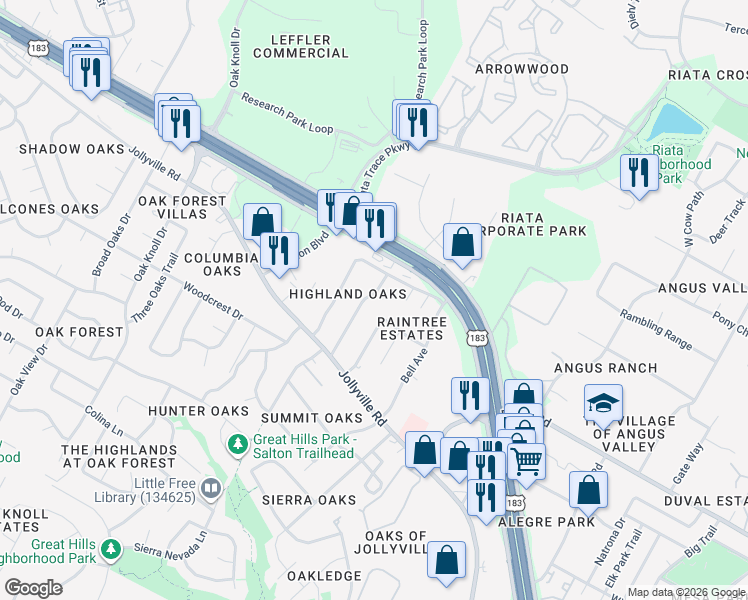 map of restaurants, bars, coffee shops, grocery stores, and more near 11903 Highland Oaks Trail in Austin