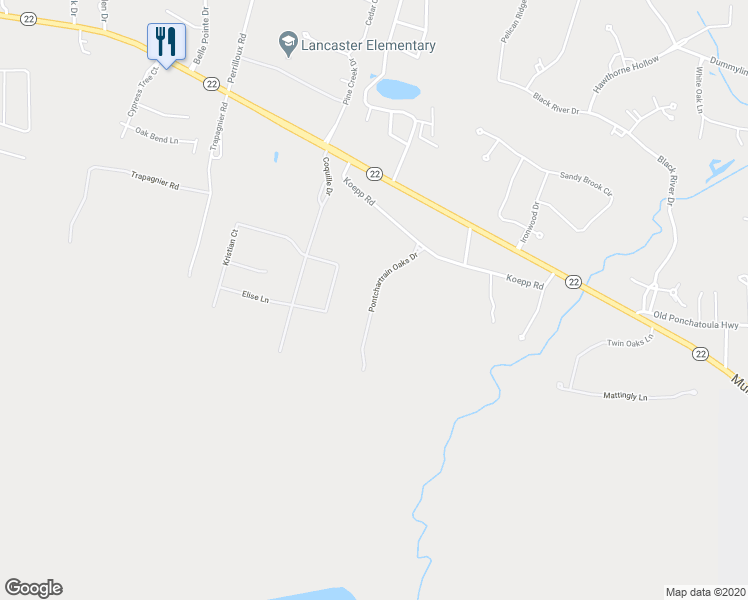 map of restaurants, bars, coffee shops, grocery stores, and more near Pontchartrain Oaks Drive in Madisonville
