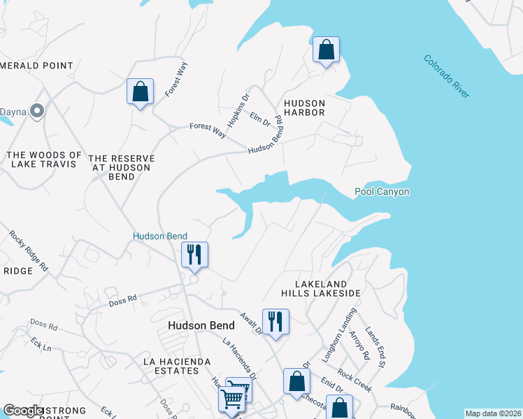 map of restaurants, bars, coffee shops, grocery stores, and more near 16020 Pool Canyon Road in Austin