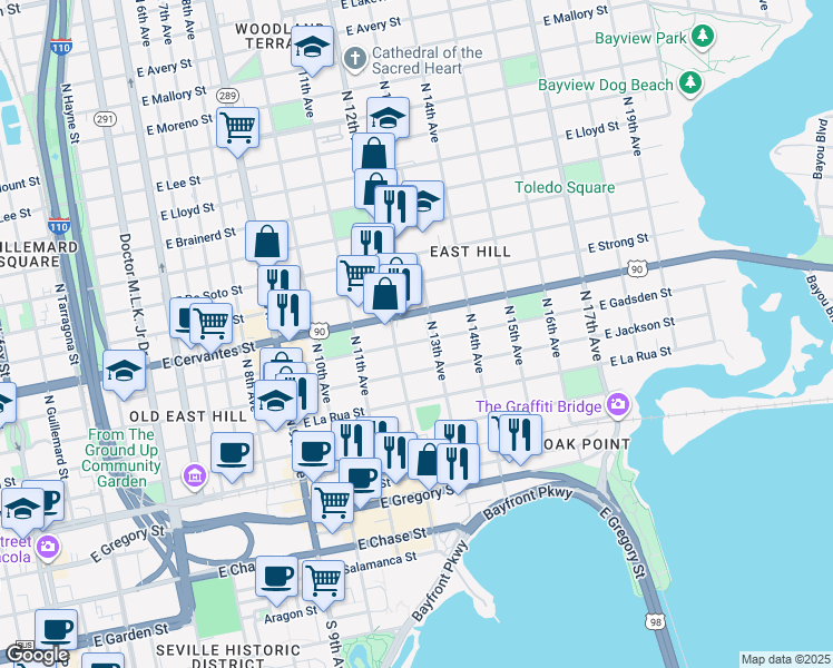 map of restaurants, bars, coffee shops, grocery stores, and more near 1216 East Gadsden Street in Pensacola