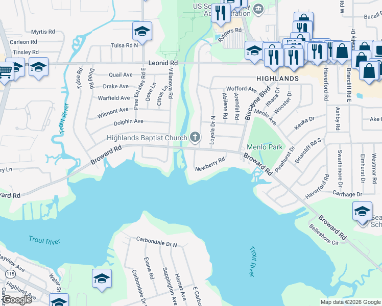 map of restaurants, bars, coffee shops, grocery stores, and more near 2166 Broward Road in Jacksonville