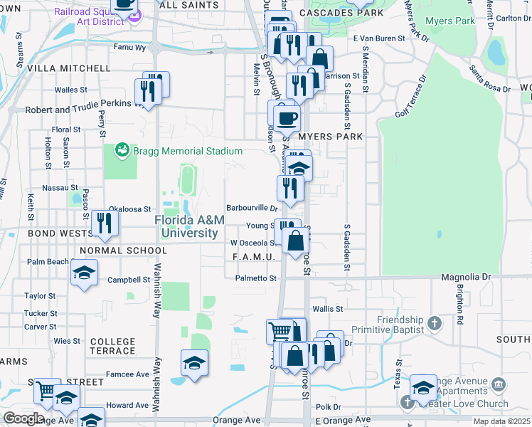 map of restaurants, bars, coffee shops, grocery stores, and more near 212 Young Street in Tallahassee