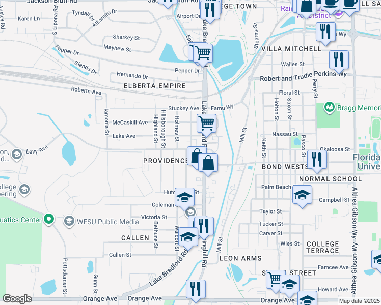 map of restaurants, bars, coffee shops, grocery stores, and more near 2010 Lake Bradford Road in Tallahassee