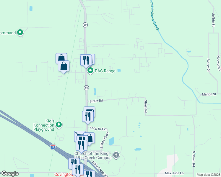 map of restaurants, bars, coffee shops, grocery stores, and more near 22149 Strain Road in Mandeville