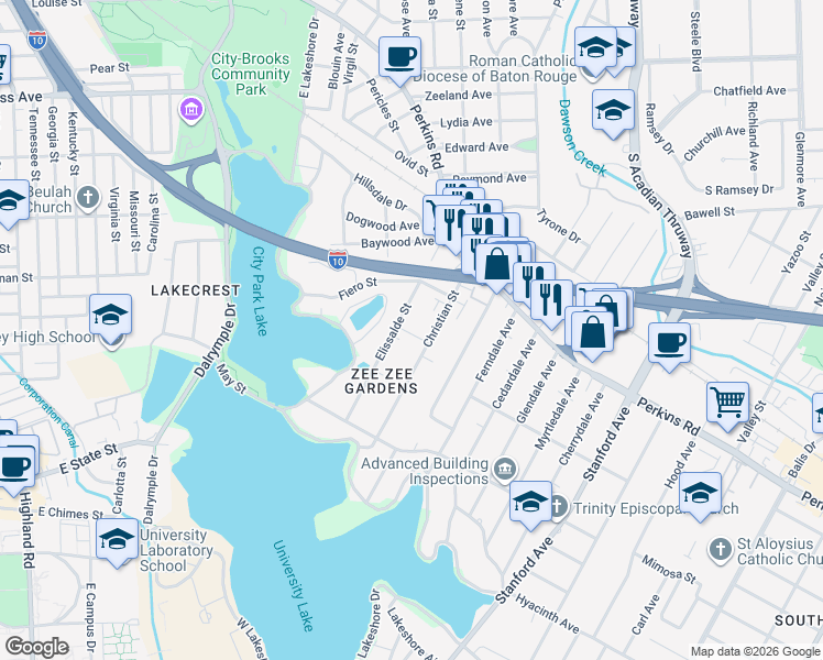 map of restaurants, bars, coffee shops, grocery stores, and more near 2191 Christian Street in Baton Rouge