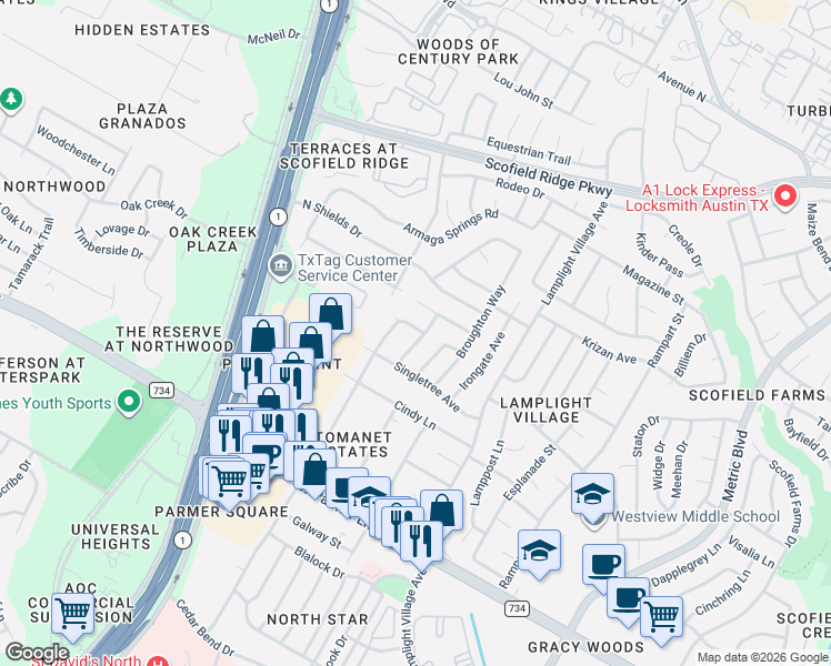 map of restaurants, bars, coffee shops, grocery stores, and more near 12808 Chromite Street in Austin