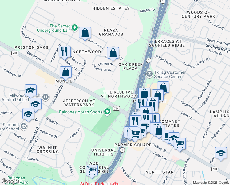 map of restaurants, bars, coffee shops, grocery stores, and more near 12510 Palfrey Drive in Austin