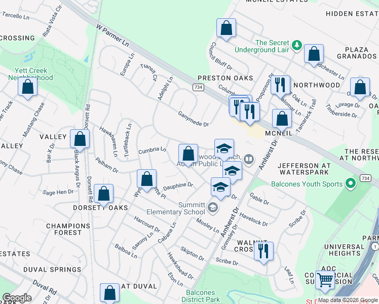 map of restaurants, bars, coffee shops, grocery stores, and more near 12406 Blossomwood Drive in Austin