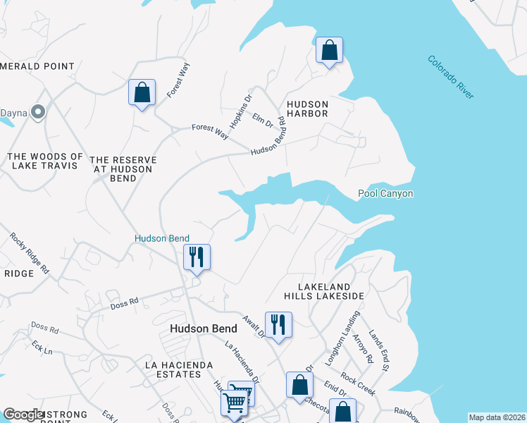 map of restaurants, bars, coffee shops, grocery stores, and more near 16020 Pool Canyon Road in Austin