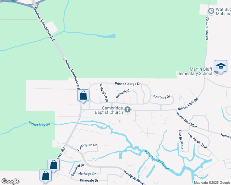 map of restaurants, bars, coffee shops, grocery stores, and more near 5676 Woodstock Court in Gautier