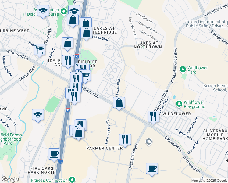 map of restaurants, bars, coffee shops, grocery stores, and more near 13838 The Lakes Boulevard in Austin