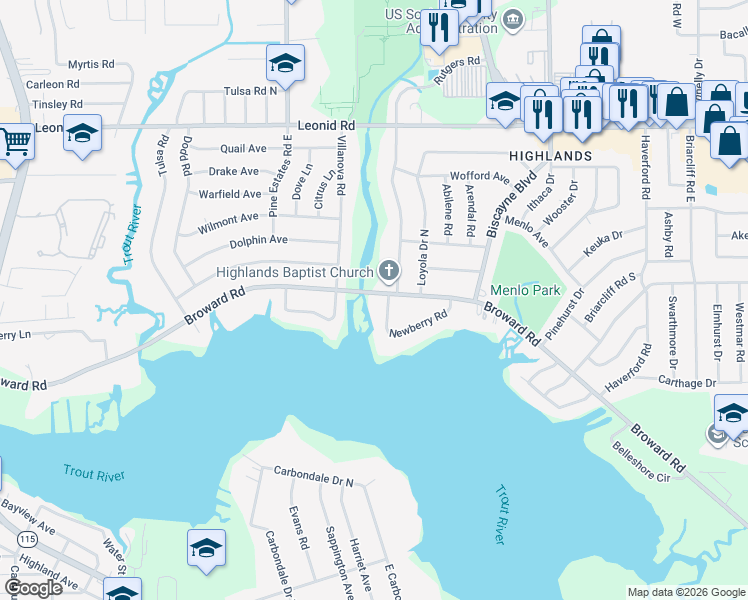 map of restaurants, bars, coffee shops, grocery stores, and more near 2166 Broward Road in Jacksonville