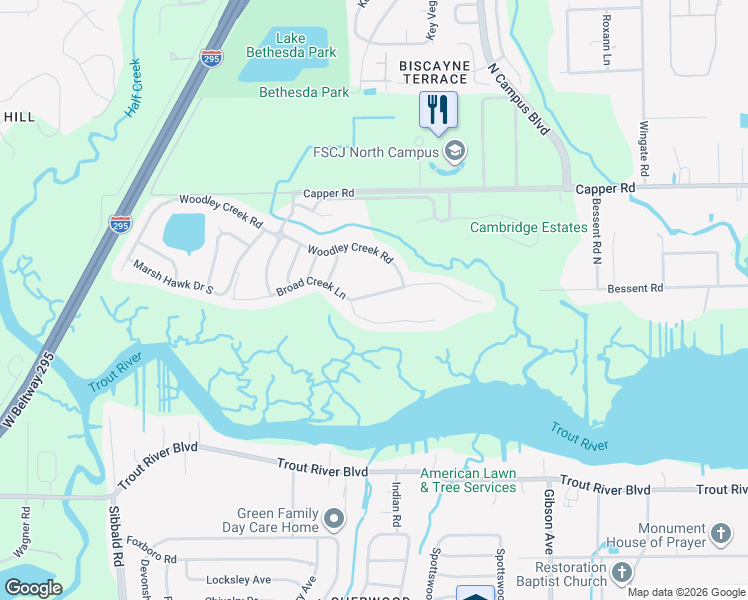 map of restaurants, bars, coffee shops, grocery stores, and more near 4138 Clearbrook Cove Road in Jacksonville