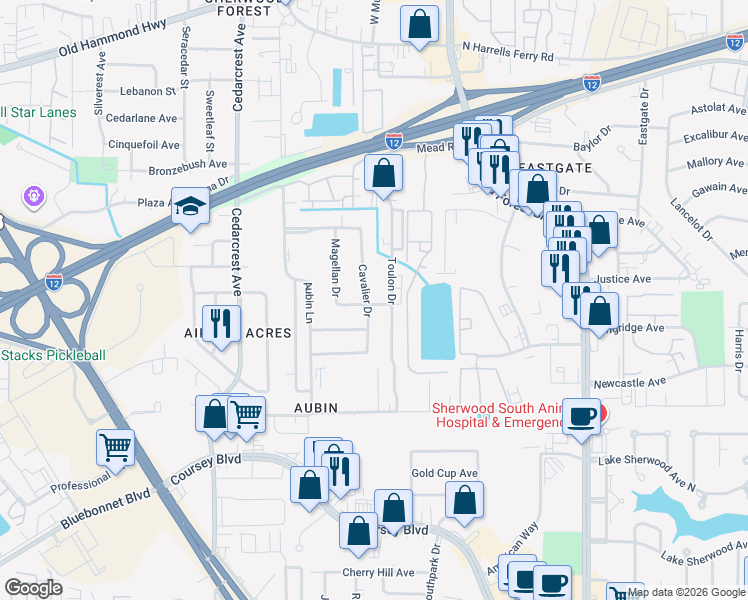 map of restaurants, bars, coffee shops, grocery stores, and more near 16628 Caesar Avenue in Baton Rouge