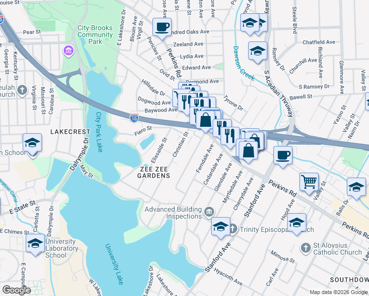 map of restaurants, bars, coffee shops, grocery stores, and more near 2215 Hollydale Avenue in Baton Rouge