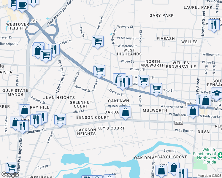 map of restaurants, bars, coffee shops, grocery stores, and more near 3715 Theresa Street in Pensacola