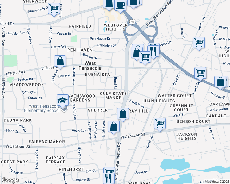 map of restaurants, bars, coffee shops, grocery stores, and more near 110 State Street in Pensacola