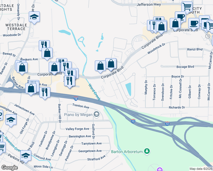 map of restaurants, bars, coffee shops, grocery stores, and more near 2530 Gates Circle in Baton Rouge