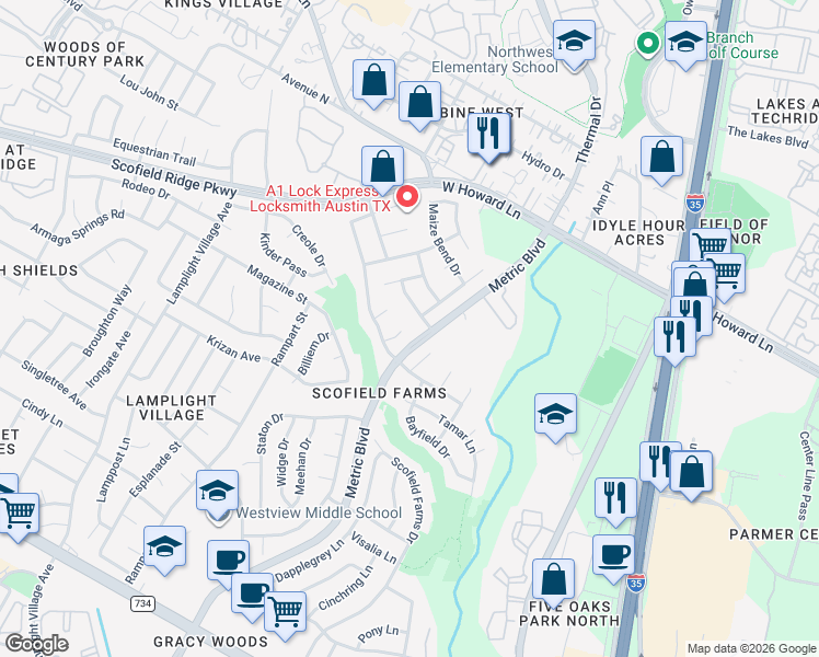 map of restaurants, bars, coffee shops, grocery stores, and more near 1633 Chasewood Drive in Austin