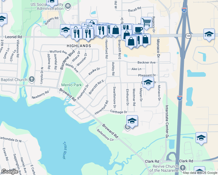 map of restaurants, bars, coffee shops, grocery stores, and more near 10321 Haverford Road in Jacksonville