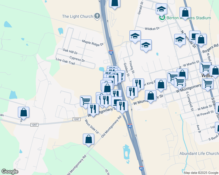 map of restaurants, bars, coffee shops, grocery stores, and more near Interstate 45 North in Willis
