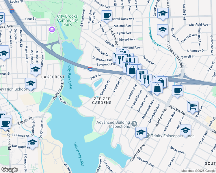 map of restaurants, bars, coffee shops, grocery stores, and more near 2150 Elissalde Street in Baton Rouge