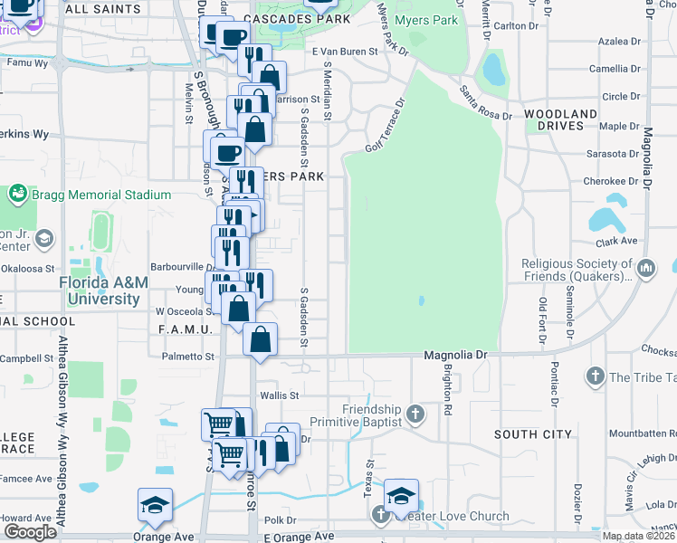 map of restaurants, bars, coffee shops, grocery stores, and more near 1914 Golf Terrace Drive in Tallahassee
