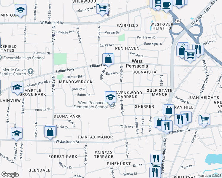 map of restaurants, bars, coffee shops, grocery stores, and more near 1002 50th Avenue in Pensacola