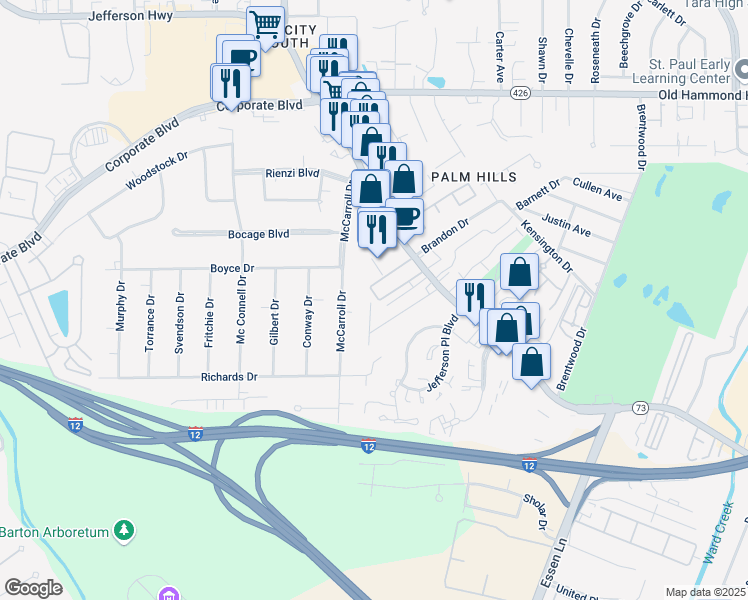 map of restaurants, bars, coffee shops, grocery stores, and more near 8026 Jefferson Highway in Baton Rouge