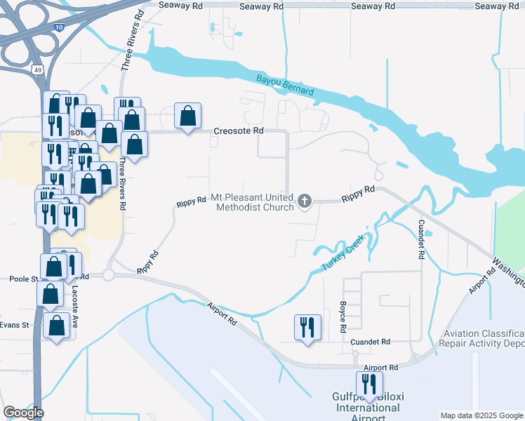 map of restaurants, bars, coffee shops, grocery stores, and more near 14339 Rippy Road in Gulfport