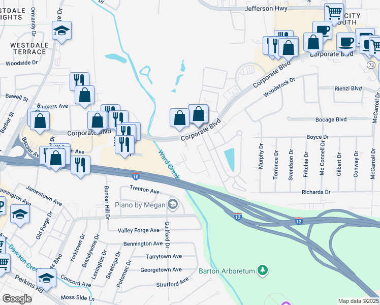 map of restaurants, bars, coffee shops, grocery stores, and more near 2500 Gates Circle in Baton Rouge