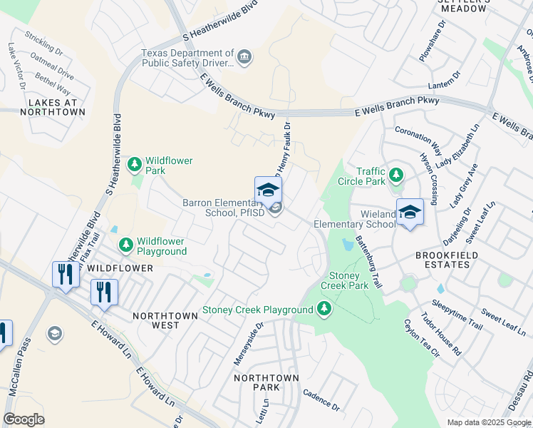 map of restaurants, bars, coffee shops, grocery stores, and more near 14850 Harris Ridge Boulevard in Pflugerville