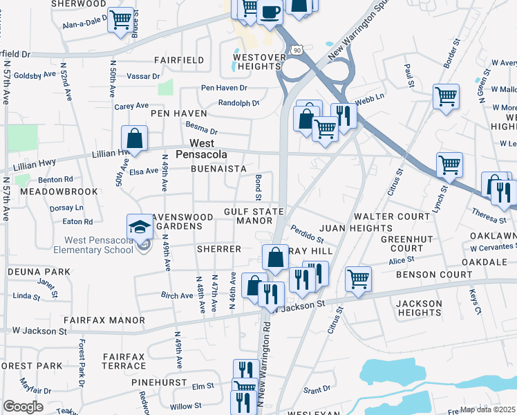 map of restaurants, bars, coffee shops, grocery stores, and more near 110 State Street in Pensacola