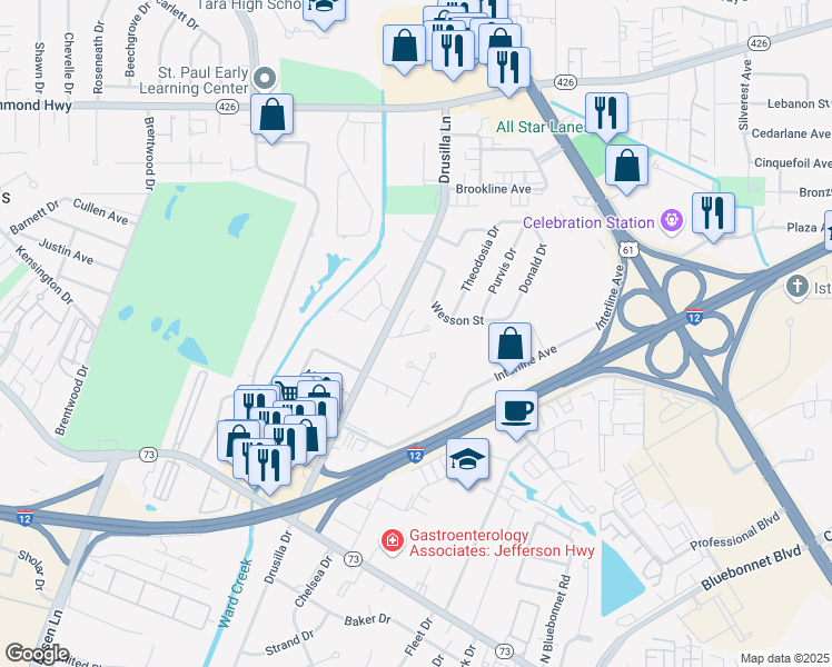 map of restaurants, bars, coffee shops, grocery stores, and more near 9150 Old Garden Avenue in Baton Rouge