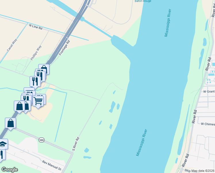 map of restaurants, bars, coffee shops, grocery stores, and more near 3035 South River Road in Port Allen