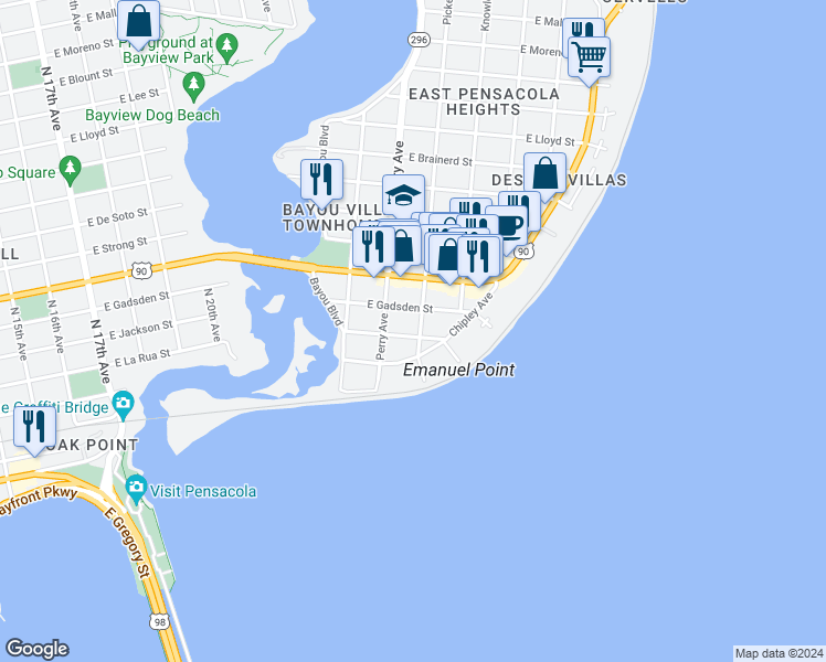 map of restaurants, bars, coffee shops, grocery stores, and more near 2910 East Jackson Street in Pensacola