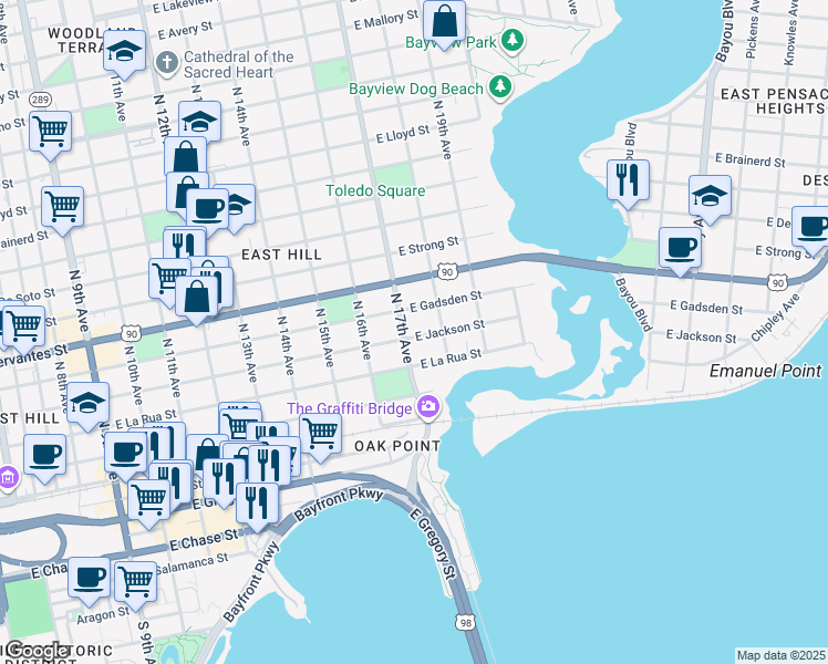 map of restaurants, bars, coffee shops, grocery stores, and more near 1702 East Jackson Street in Pensacola