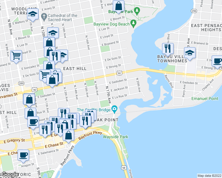 map of restaurants, bars, coffee shops, grocery stores, and more near 1704 East Jackson Street in Pensacola