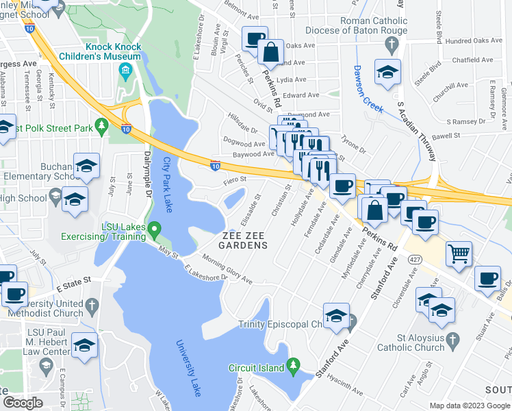 map of restaurants, bars, coffee shops, grocery stores, and more near 2150 Elissalde Street in Baton Rouge